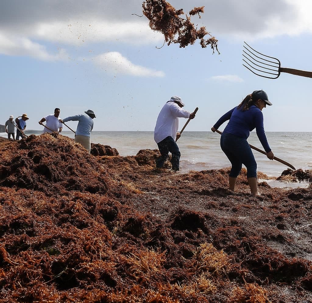Brigada retirando sargazo de la playa
