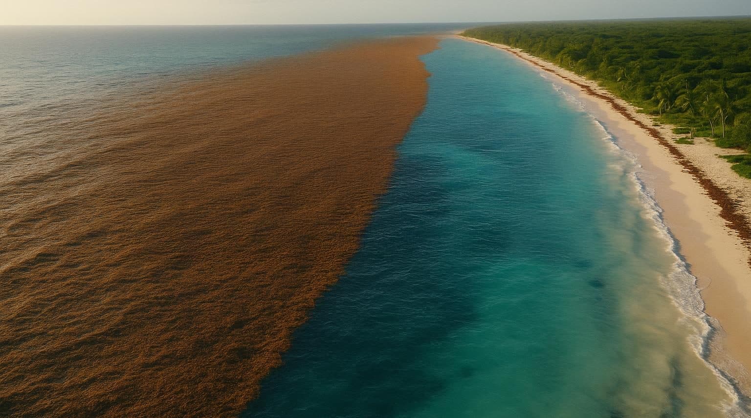 Vista aérea de una franja de sargazo frente a una playa del Caribe